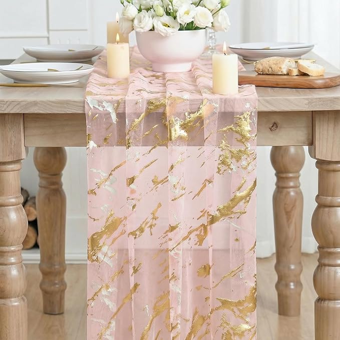 Artoid Mode Marble Pattern Pink Gauze Table Runner 10FT, Glitter Metallic Foil - Image 2