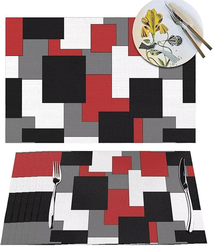 Red Black Grey White Placemats Set of 4 Abstract Modern Art Geometric Wipeable Table Mats Reusable Washable PVC Rectangle Place Mats for Kitchen Dining Home Decor 12x18 Inches