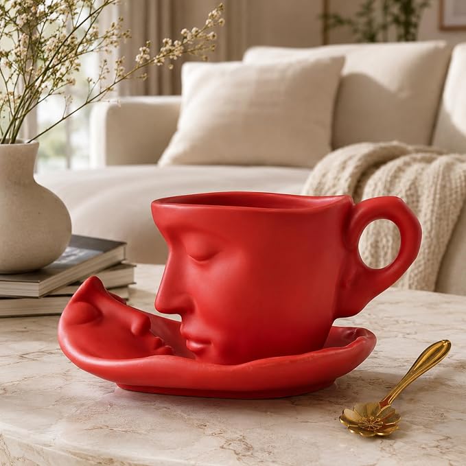oliruim Red Coffee Cup and Saucer Set - Image 4
