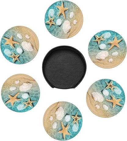 6 Pcs Coastal Beach Ocean Leather Coasters - Image 7