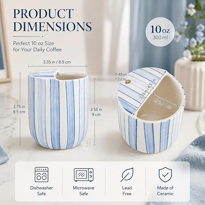 Ceramic Mug with Sip Hole 10 oz Novelty Blue Striped Ceramic Ice Coffee Mug - Image 2