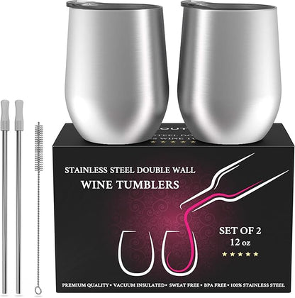 CHILLOUT LIFE 12 oz Stainless Steel Wine Tumblers 2 Pack - Double Wall Vacuum Insulated Wine Glasses Cups with Lids and Straws Set Keeping Cold & Hot for Coffee, Beer, Ice Cream - Dishwasher Safe