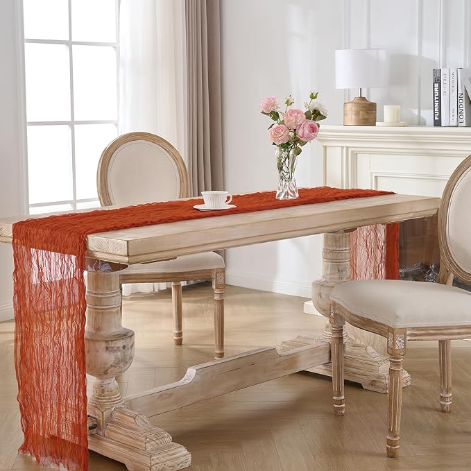 3 Pack Terracotta Fall Cheesecloth Table Runners, 120 Inch 10Ft Orange Gauze - Image 6