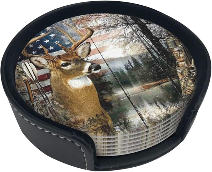 6 Pack Fishing Deer American Flag Leather Coasters - Image 4