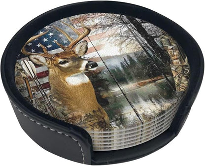 6 Pack Fishing Deer American Flag Leather Coasters - Image 4