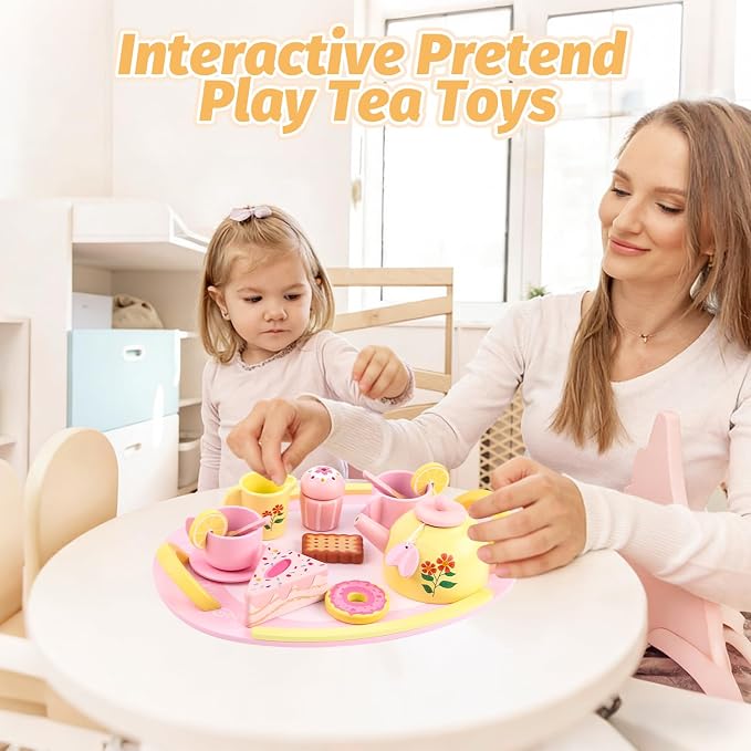 Tea Party Set Wooden Tea Sets for Toddlers 3-5 Little Girls 4-6 6-8 Kids | Kids - Image 6