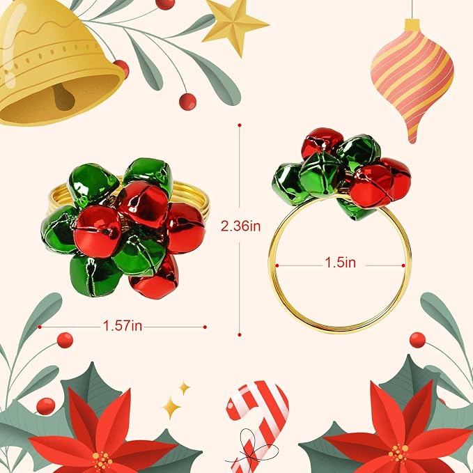 wonlex Christmas Bell Napkin Rings Set of 6, Jingle Bells Napkin Ring Buckle - Image 6