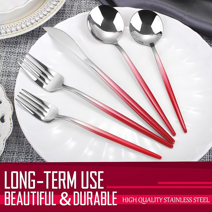 VANVRO Gradient Red Silverware Set, 20-Piece Stainless Steel Flatware Set - Image 4