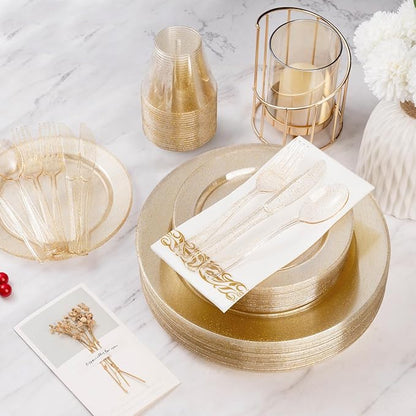 Goodluck 350 Piece Dinnerware Set for 50 Guests, Plastic Plates Disposable for Party, Include: 100 Gold Glitter Plastic Plates, 50 Paper Napkins, 50 Cups, 50 Gold Glitter Plastic Silverware Set