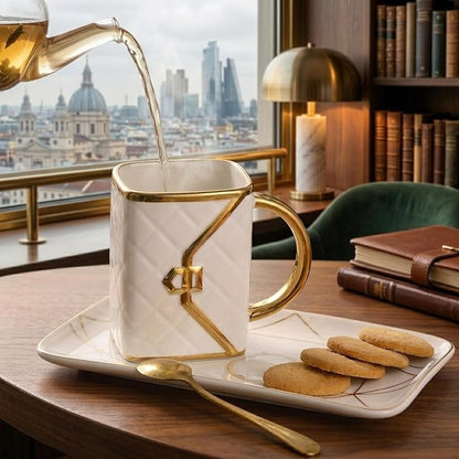 Handbag Coffee Mug and Saucer & Spoon, 10 oz Ceramic Purse Cup Set, afternoon - Image 5