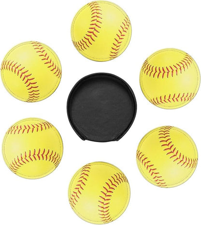 Softball Yellow Coasters for Drinks with Holder Round Leather Coasters Set of 6 Cups Mugs Mat Pad for Home Kitchen Bar