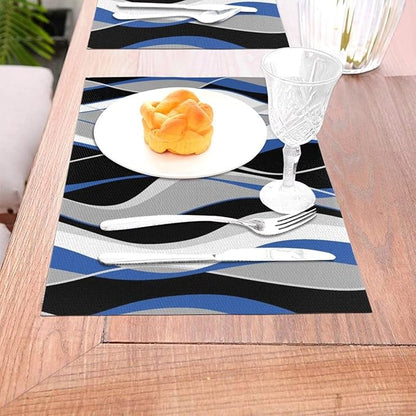 Placemats Set of 6 Black and Blue Place Mats White Grey Striped Modern Abstract Woven Table Mats Washable PVC Placemat for Dining Kitchen Decor Indoor Outdoor, 12 x 18 Inch