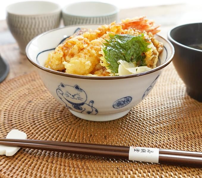 Mino Ware Cat-Design Rice Bowl & Wakasa-Nuri Wooden Chopsticks Pair Set - Image 5