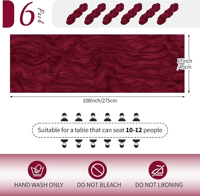 6 Pack Burgundy Cheesecloth Table Runner 17x108 Inch Semi Sheer Boho Gauze - Image 2
