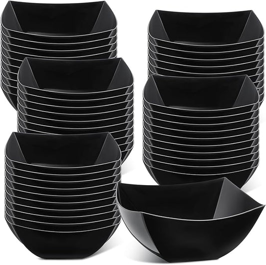 Tanlade 50 Pcs Square Plastic Serving Bowls Disposable Snack Salad Bowl Small Party Candy Bar Containers Taco Bar Serving Dishes for Buffet Chips Fruit(Black,16 oz)