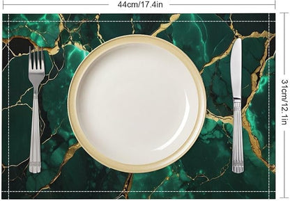 Marble Linen Placemats Set of 4, Modern Luxury Foil Texture Hunter Green White Gold Marble Washable Cloth Place Mats, Non-Slip Dining Table Placemats for Home Kitchen Party Banquets Decor 12x17 Inch