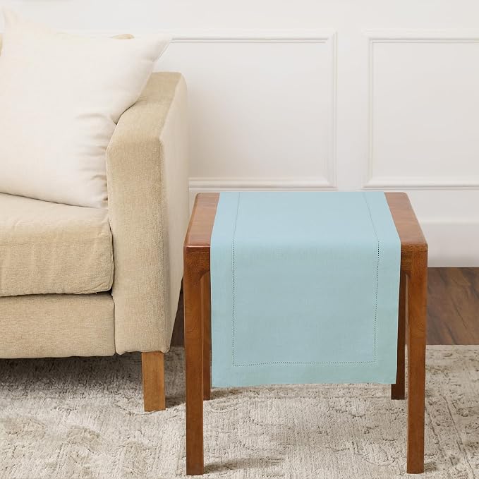 Solino Home 100% Pure Linen Table Runner Aqua Blue Hemstitch, 14 x 36 in | by SolinoHome