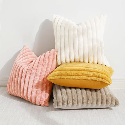 decorUhome Cozy Faux Fur Throw Pillow Covers 24x24 Set of 2 Decorative Plush Striped Modern Farmhouse Boho Couch Euro Sham Pillow Cases with Velvet Back for Sofa Bed Living Room Valentines, Blush Pink