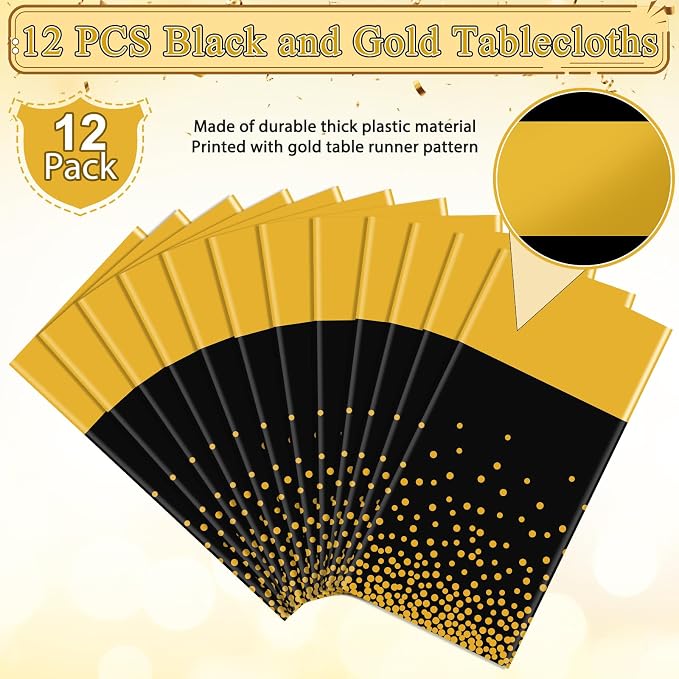 12Pcs Black and Gold Tablecloth Party Decorations, Plastic Black Table Cloth - Image 4