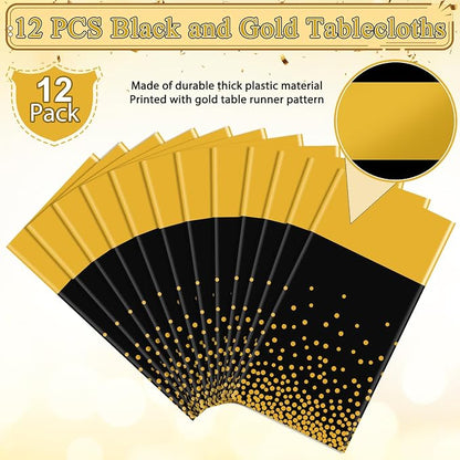 12Pcs Black and Gold Tablecloth Party Decorations, Plastic Black Table Cloth - Image 4