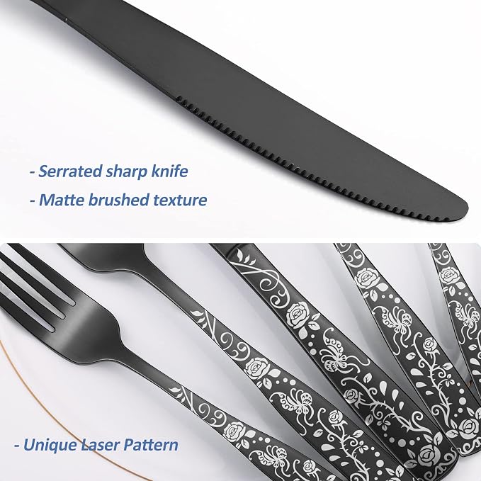 Matte Black Rose Flower Pattern Silverware Set - Image 4