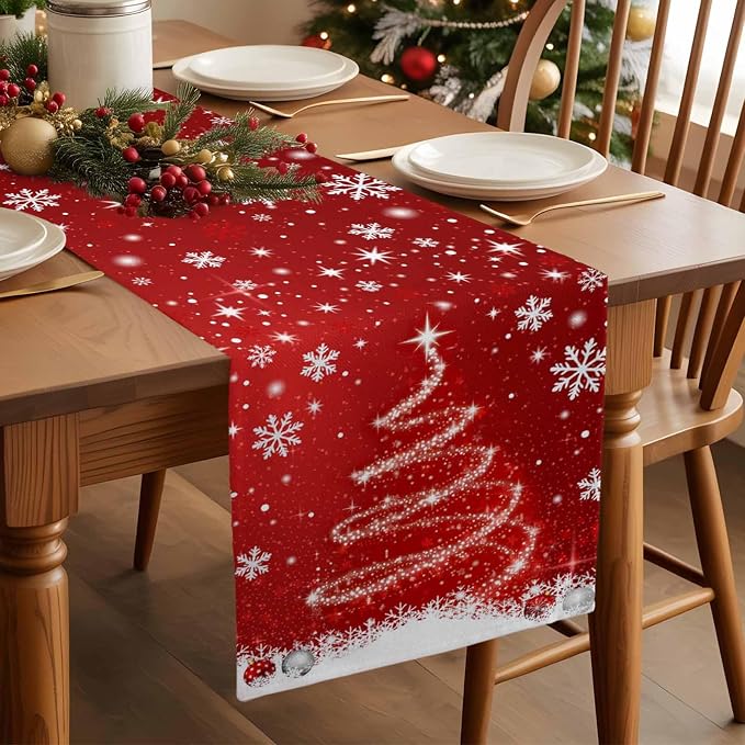 Red Christmas Table Runner 120 Inches Long, Xmas Tree Balls Snowflake Table - Image 3
