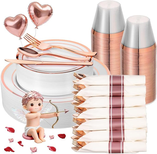 350 PCS White and Rose Gold Plastic Dinnerware Set for 50 Guests, 100 Plates for Party, 50 Pre Rolled Napkins with Gold Silverware, 50 Cups