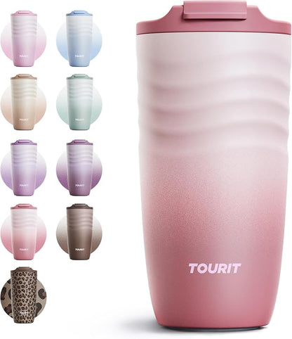 TOURIT 16 oz Insulated Travel Coffee Mug Stainless Steel Tumbler, Rose | Vacuum by TOURIT