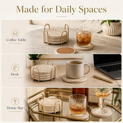Travertine Coasters with Gold Holder, Cork Backing | Real travertine coasters - Image 8