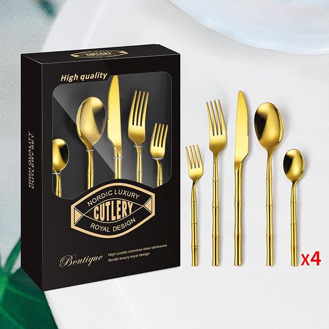 Bamboo Flatware Set Gold Silverware Set Stainless Steel Cutlery Set 20 Pieces - Image 8