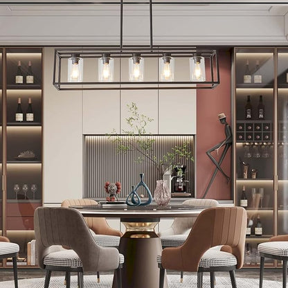 XILICON Oil Rubbed Bronze Farmhouse Chandelier Dining Room Lighting Fixture Hanging 5 Light Kitchen Island Lighting with Glass Shade for Dining Room