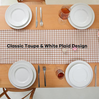Taupe White Plaid Gingham Ruffle Table Runner 120 inches Long 100% Washed - Image 4