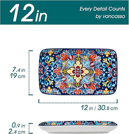 vancasso Serving Platters Set of 4, 12" x 7.4" Inch Rectangular Trays - Large Serving Dishes for Entertaining Food, Bohemian Ceramic Serving Trays for Party, Microwave & Dishwasher Safe, Vintage