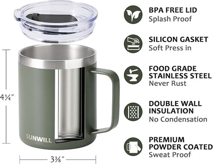 SUNWILL Travel Coffee Mug with Lid, Insulated Tumbler with Handle, 14 oz - Image 2