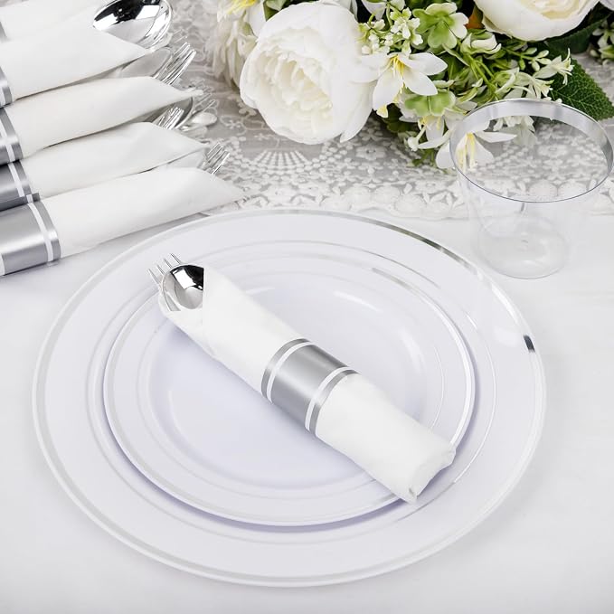 WELLIFE 210 Piece Silver Plastic Dinnerware Set - Image 3