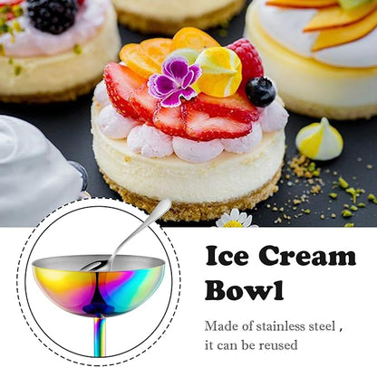 Ice Cream Bowls Stainless Steel Dessert Cups with Spoons Reusable Footed Sundae Cups Ice Cream Cups for Dessert, Frozen Yogurt, Gelato, Birthday Party Decorations (2, Colorful)