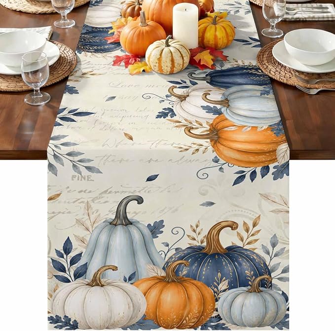 Blue Pumpkins Fall Table Runner 72 Inches Long, Thanksgiving Eucalyptus Leaves by Unknown