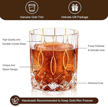 GLASKEY Gold Rim Whiskey Glasses Set of 2,Crystal Old Fashioned Glasses-Luxury Gold Collection,Perfect for Scotch Bourbon Rocks Cognac Vodka Gin Tequila Rum Liquor,Whiskey Gifts for Men
