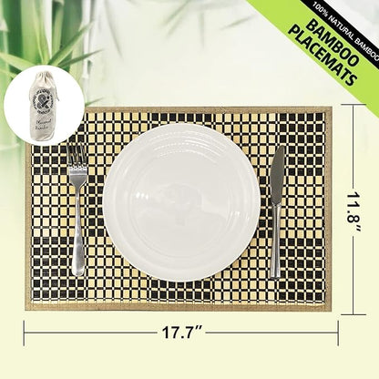 ANDSTAR Set of 8 Pcs Bamboo Placemats Rectangle Table Placemats Natural Anti-Slip Washable Heat-Resistant Table Mats for Dining Room and Kitchen(Plaid Natural Color)