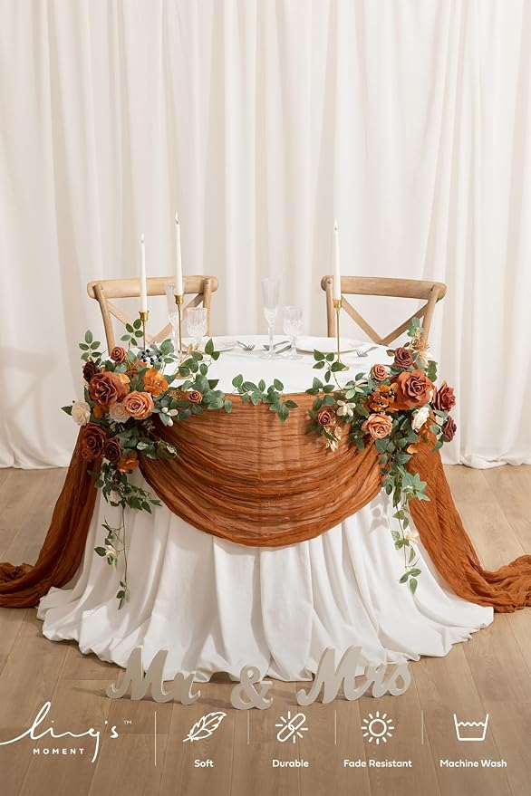 Ling's Moment Terracotta Cheesecloth Table Runner, 168 Inch, Burnt Orange | 14FT - Image 3