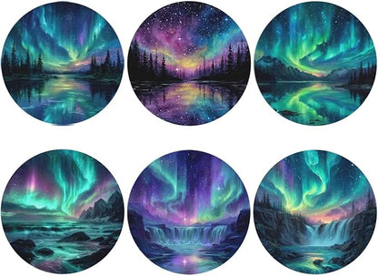 Northern Lights Coasters for Drinks with Holder Round Leather Coasters Set of 6 Cups Mugs Mat Pad for Home Kitchen Bar