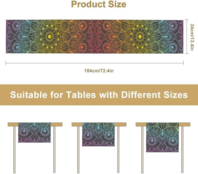 YCness Retro Ethnic Boho Table Runner, Mandala Hippie Art Mandala Rainbow - Image 2