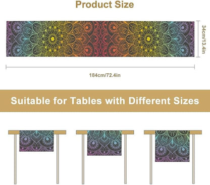 YCness Retro Ethnic Boho Table Runner, Mandala Hippie Art Mandala Rainbow - Image 2