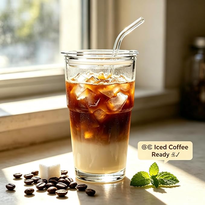 20 oz Glass Tumbler with Straw and Lid, 4 Pack Clear Iced Coffee Cups with Lids - Image 2