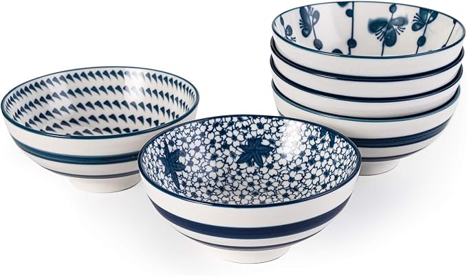 Foraineam 6 Pieces Blue and White Floral Rice Bowl Set 8 oz Japanese Style - Image 5