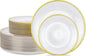 Morejoy 100Pcs Pearl White Plastic Plates,White Disposable Plates With Gold Rim,Heavy-duty Gold Plates, Modern swirl design Plate Include 50Clear Dessert-Platos,50Dinner-Platos for Party&Christmas