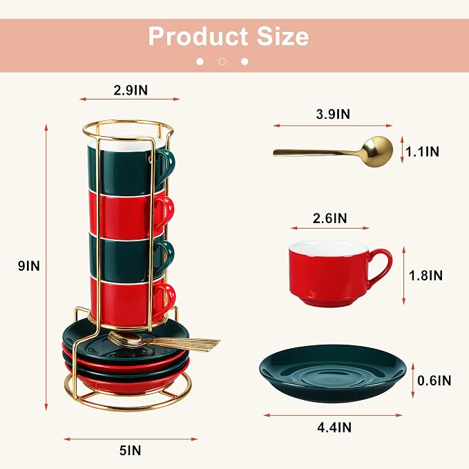 3 Ounce Espresso Cups Set of 4, Stackable Demitasse Mugs, Includes Display Stand - Image 3