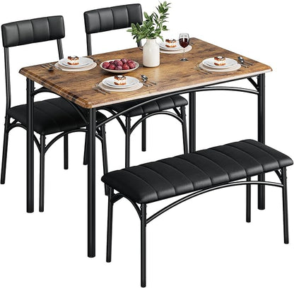 4-Piece Small Dining Table Set – Wood Table with 2 Upholstered Chairs & Bench, Space-Saving Retro Kitchen Dining Set for Small Apartment/Dining Room, Brown