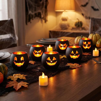 Halloween Tea Light Candle Holders Set of 6 | Gold Interior Black Jack O - Image 4