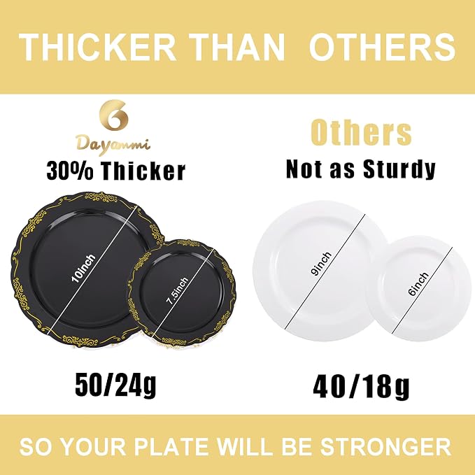 DaYammi 60PCS Black and Gold Plastic Plates, Heavy Duty Black and Gold - Image 9